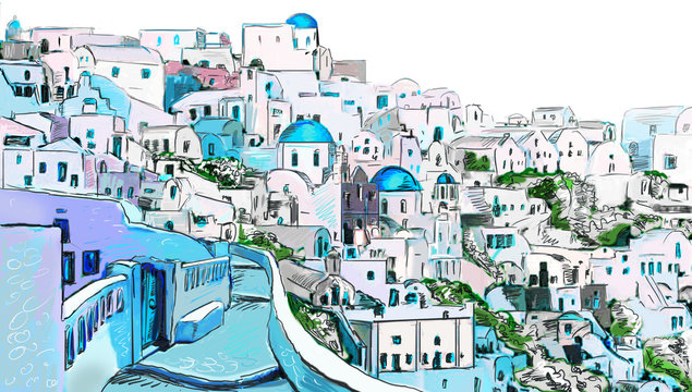 Fototapeta Drawing to the greek town