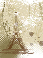 Vector image of  grunge Eiffel Tower in Paris with the halftone effects, blots, flowers, scratch lines.