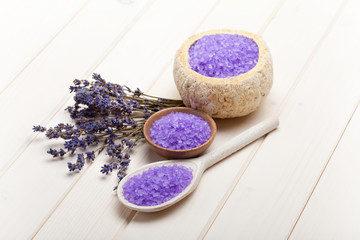 Lavender salt on wooden spoon