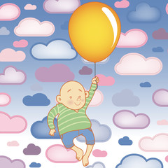 Young Child boy with balloon with Clouds Background