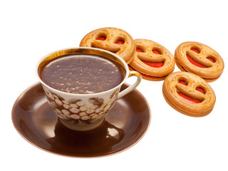 cup of hot chocolate and cookies isolated on white background