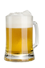 Alcohol light beer mug with froth isolated over white