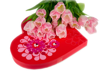 Tulips and heart shaped box of sweets