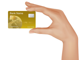 Gold credit card in hand . Vector