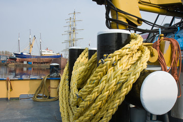 Deck of a tugboat in Dutch harbor - obrazy, fototapety, plakaty