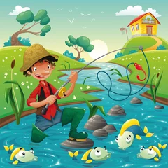  Visser en vissen in de rivier. Vectorscène. © ddraw