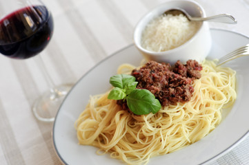 Spaghetti bolognese with red wine and parmesan cheese