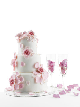 Wedding Cake With Champagne Flute Isolated On White Background