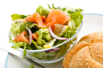 Salad - smoked salmon, brad and vegetables