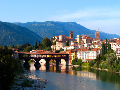 the old wooden bridge spans the river brenta at the romantic vil