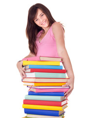 Girl holding stack multi-colored book .