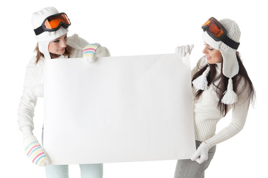 Young  Women In Ski Glasses With Empty Board For The Text.