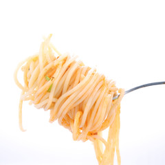 Spaghetti hanging on a fork