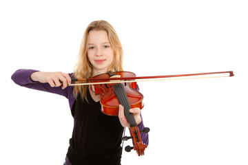 Girl is playing the violin over white background