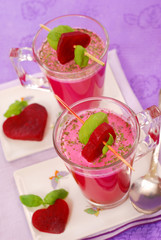 beet soup with cream in glass