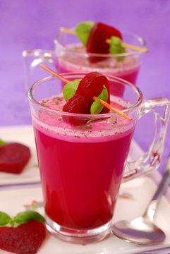 beet soup with cream in glass