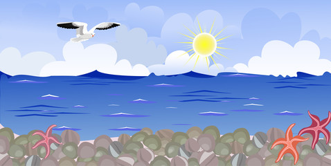Fototapeta na wymiar Panorama of the beach with seagulls