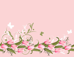 Horizontal pink spring background with tulips and flourishes