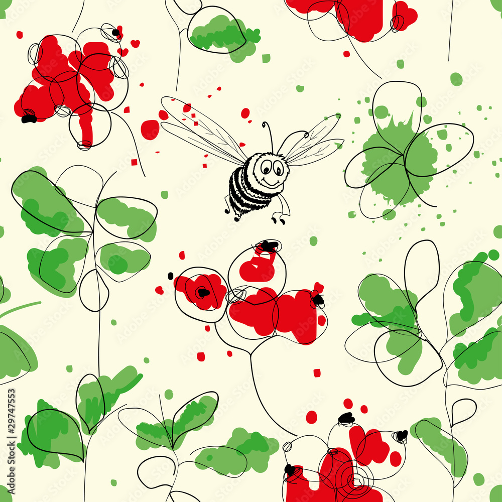 Poster cranberries and bee seamless pattern