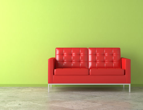 Red Couch On Green Wall