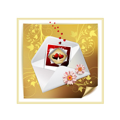 Envelope and photo with hearts over decorated gold paper