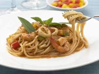 Spaghetti Seafood on table top.