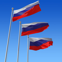 Flag of Russia against blue sky.