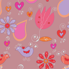 Floral seamless background with birds