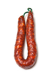 Spanish Chiriso sausage isolated on a white studio background.