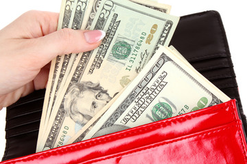 red purse with dollars in the hands on a white background