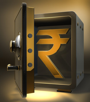 Opened safe with gold indian pupee symbol. 3d render