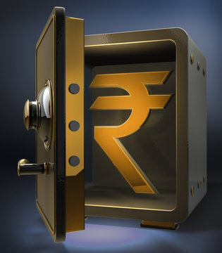 Opened safe with gold indian pupee symbol. 3d render