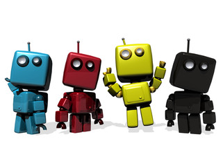 3D CMYK (cyan, magenta, yellow, black) robots.