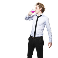 Young man drink pink wine.