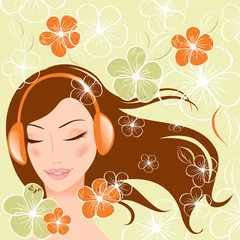 Tableaux sur verre Femme fleurs jolie fille avec des écouteurs. illustration vectorielle