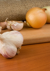 onion and garlic on sacking