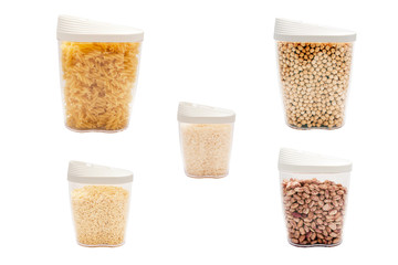 plastic jars containing food on white background