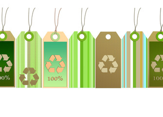 Card design recycling symbol, green, blue, stripes