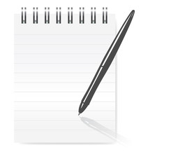 pen on notepad. Isolated on white background