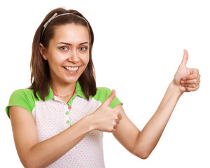 portrait of attractive girl showing thumbs up sign over on white