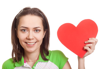 Valentines Day. Woman holding Valentines Day heart sign with cop