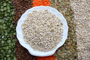 Ceramic plate with pearl barley over seeds and grains background