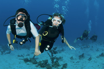 couple scuba dive together holding hands