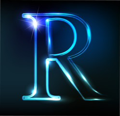 Glowing neon letter on dark background. Letter