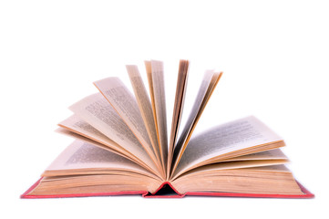 Old opened book isolated on white background