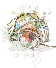 sketch of headphones & color paint background