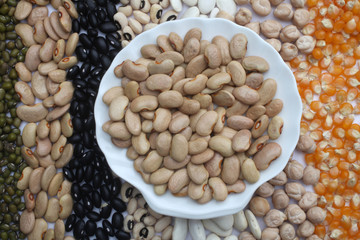 Ceramic plate with brown beans over seeds and grains background