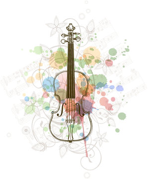 Violin, music sheets & color paint floral background