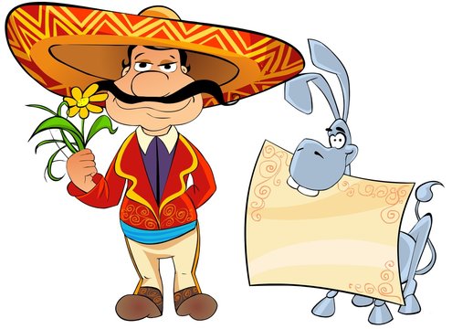 Mexican with a flower and a donkey.