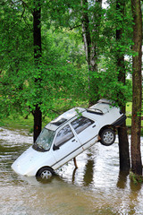 white car in water - big flash flood